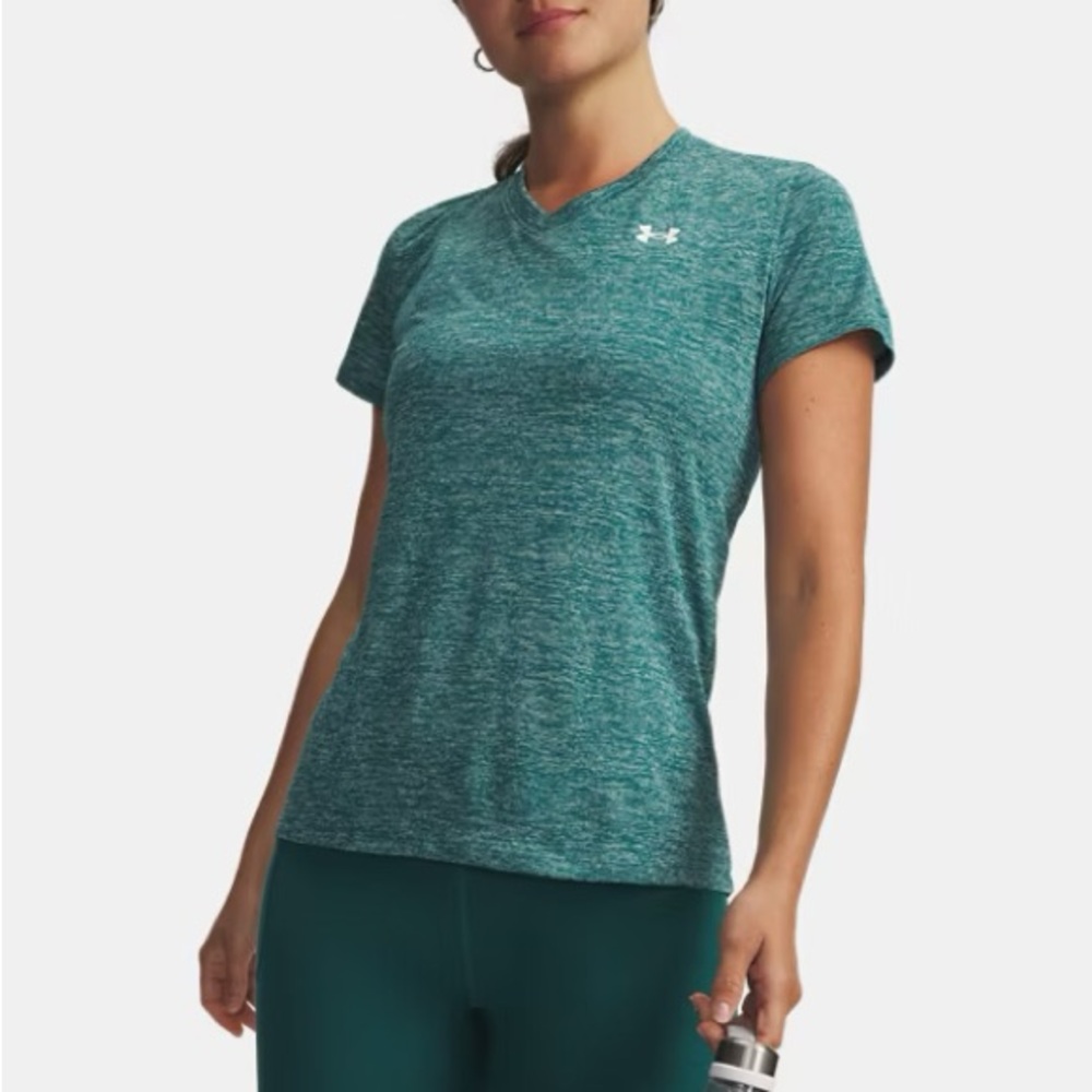 Under Armour Women's Tech Twist V Neck Short Sleeve Heathered Teal Shirt